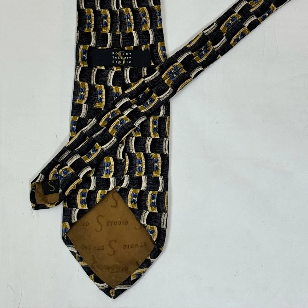 Robert Talbott Studio Men’s Necktie Black & Gold Geometric w/Blue Butterflies